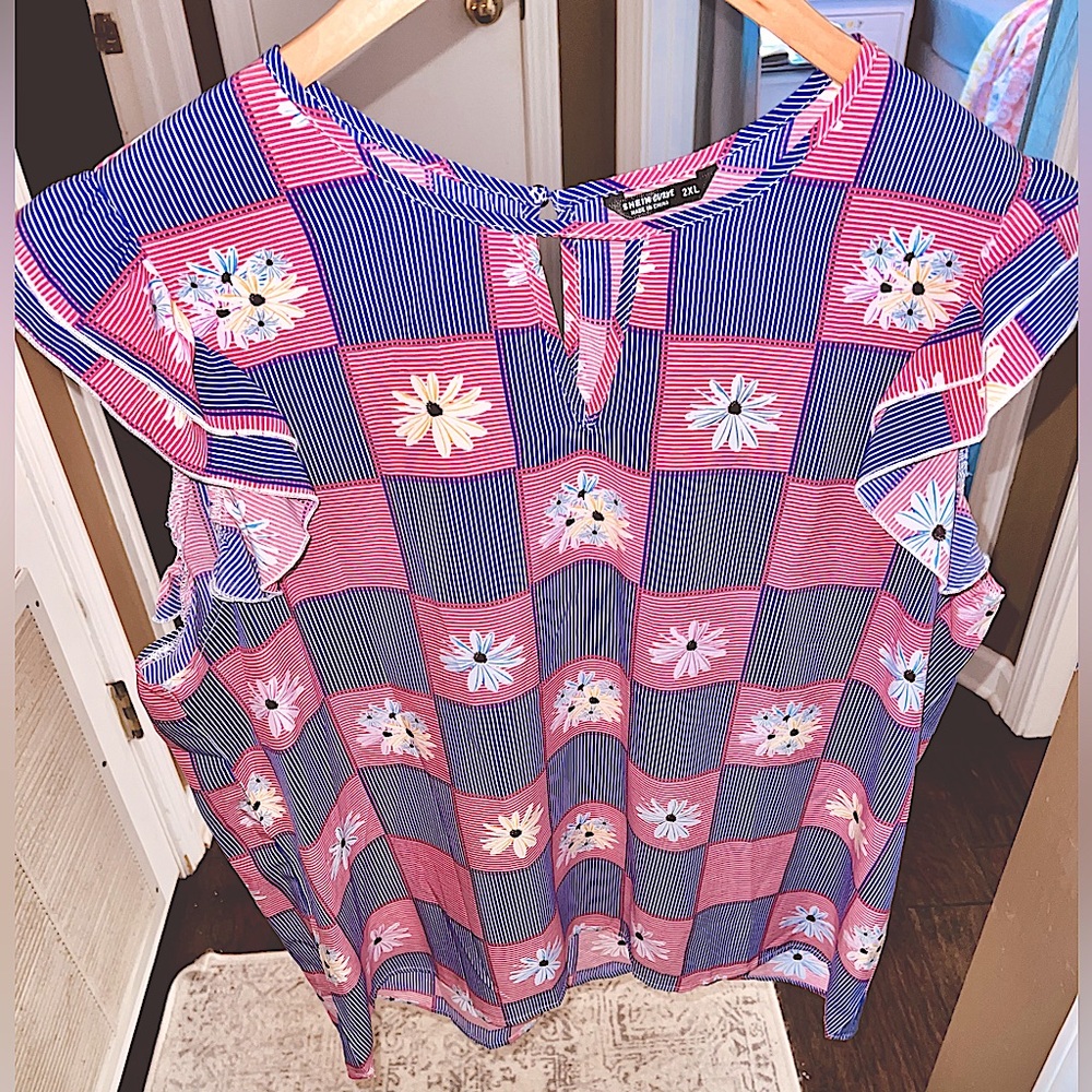 Pink & Purple Plaid Daisy Flutter Sleeve Blouse EUC Sz 2XL by SHEIN